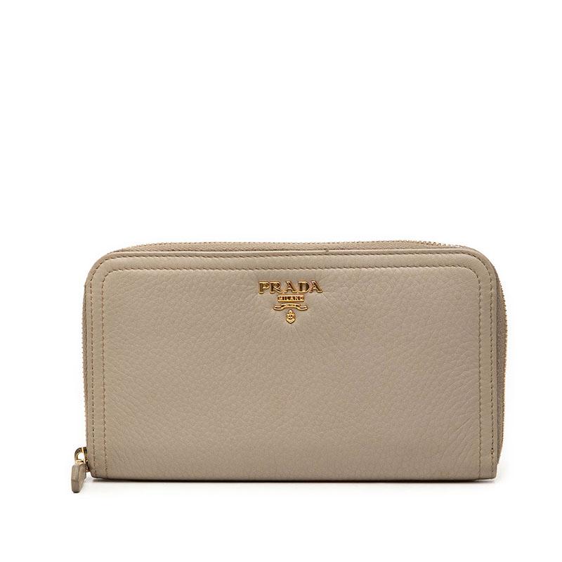 美品　PRADA 折り財布　メタルロゴ　グレージュ　レディース PRADA（プラダ） ロゴ ラウンドファスナー 長財布 グレージュ レザー