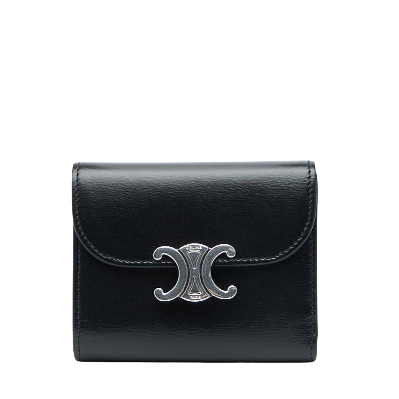 セリーヌ CELINE トリオンフ スモールフラップウォレット 三つ折り財布 PVCコーティングキャンバス レザー アイボリー ブラウン ゴールド金具 レディース【中古】 CELINE（セリーヌ） 三つ折り財布 スモール フラップウォレット