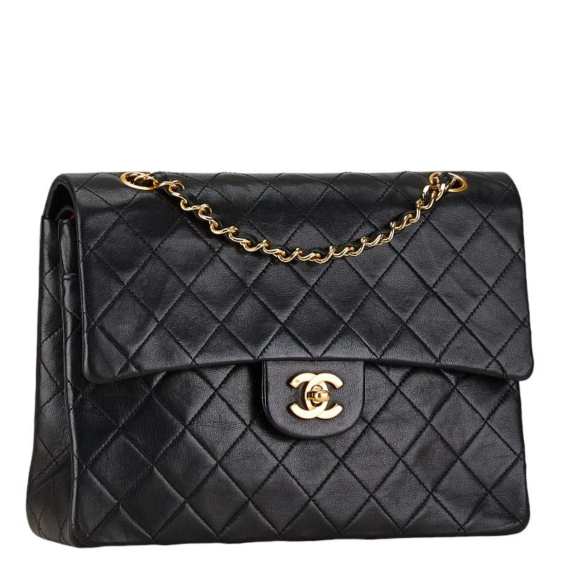 超美品 CHANEL シャネル ココマーク マトラッセ 25 ラムスキン Wフラップ Wチェーン ショルダー バッグ ブラック ブランド 鞄 a6475 CHANEL（シャネル） マトラッセ25 ココマーク Wフラップ ハンドバッグ
