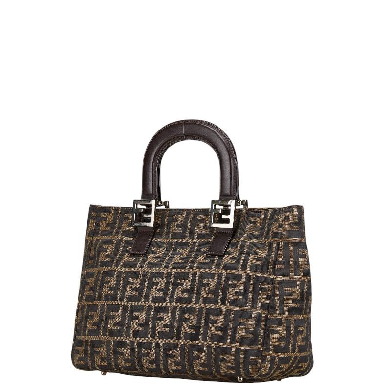 FENDI ズッカ　ズッキーノ キャンバス ハンドバッグ ダークブラウン レザー FENDI（フェンディ） ズッカ ハンドバッグ トートバッグ ブラウン