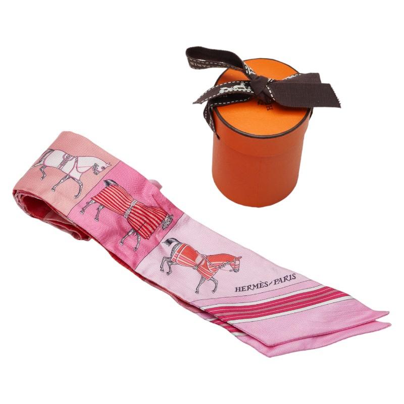 HERMES エルメス　ツイリー　シルクスカーフ オレンジ ピンク HERMES（エルメス） ツイリー 馬 モチーフ スカーフ ピンク オレンジ
