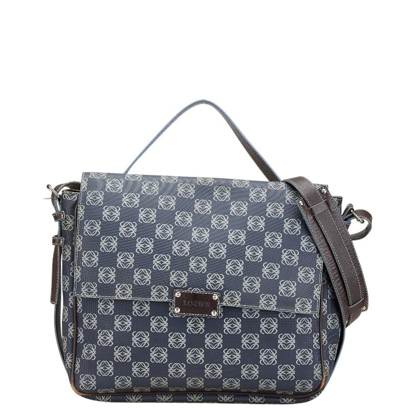 ロエベ アナグラム 斜め掛け ショルダーバッグ メッセンジャーバッグ ネイビー グレー PVC レザー レディース LOEWE 【中古】 LOEWE（ロエベ） アナグラム 斜め掛け ショルダーバッグ