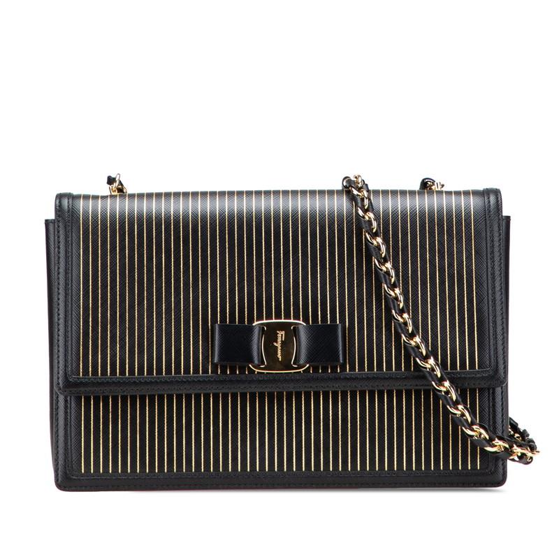 サルヴァトーレフェラガモ ヴァラ リボン ストライプ チェーン ショルダーバッグ ブラック ゴールド PVC Salvatore Ferragamo 【中古】 サルヴァトーレフェラガモ ヴァラ リボン ストライプ チェーン