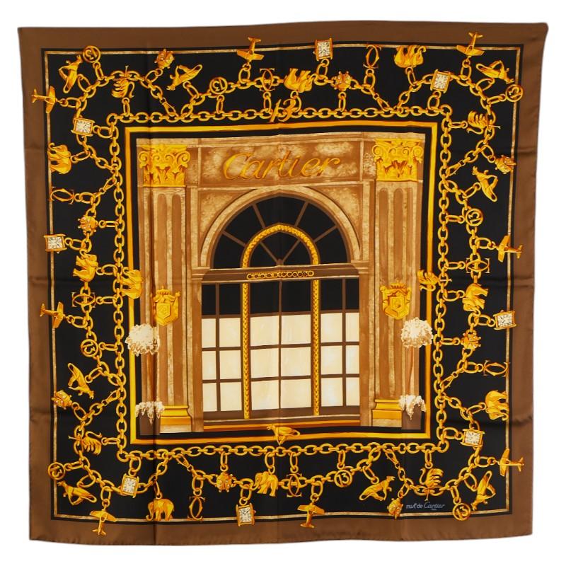 カルティエ マスト ドゥ カルティエ スカーフ ブラウン ブラック マルチカラー シルク レディース CARTIER 【中古】 Cartier（カルティエ） マスト ドゥ スカーフ ブラウン ブラック