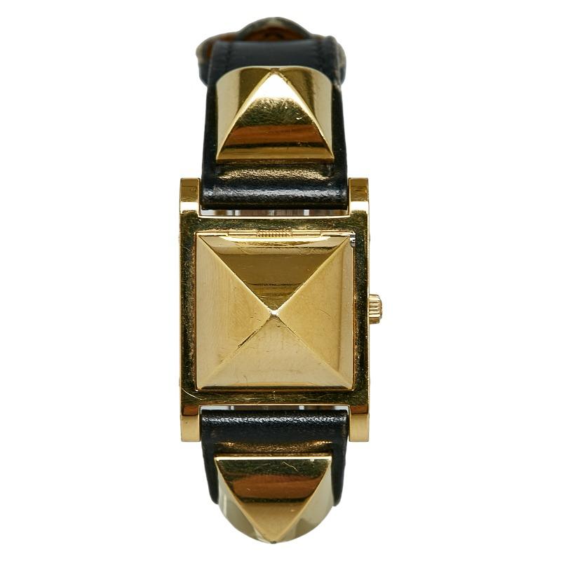 エルメス メドール 腕時計 クオーツ レザーバンド 茶 ゴールド色 ○Y刻印 HERMES/エルメス】 メドール 腕時計 GP/レザー クオーツ ホワイト文字