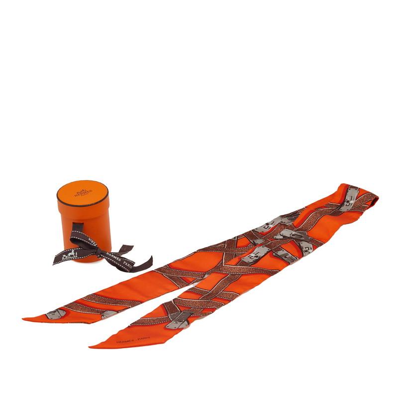 エルメス ツイリー TRES KELLY ケリー ベルト スカーフ オレンジ ブラウン シルク レディース HERMES 【中古】