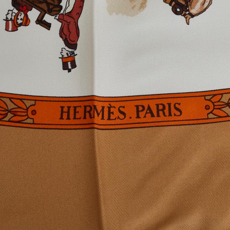 エルメス カレ90 LA PROMENADE DE LONGCHAMPS ロンシャンへの道 スカーフ ブラウン ホワイト マルチカラー シルク HERMES 【中古】｜ginzaparis2｜03