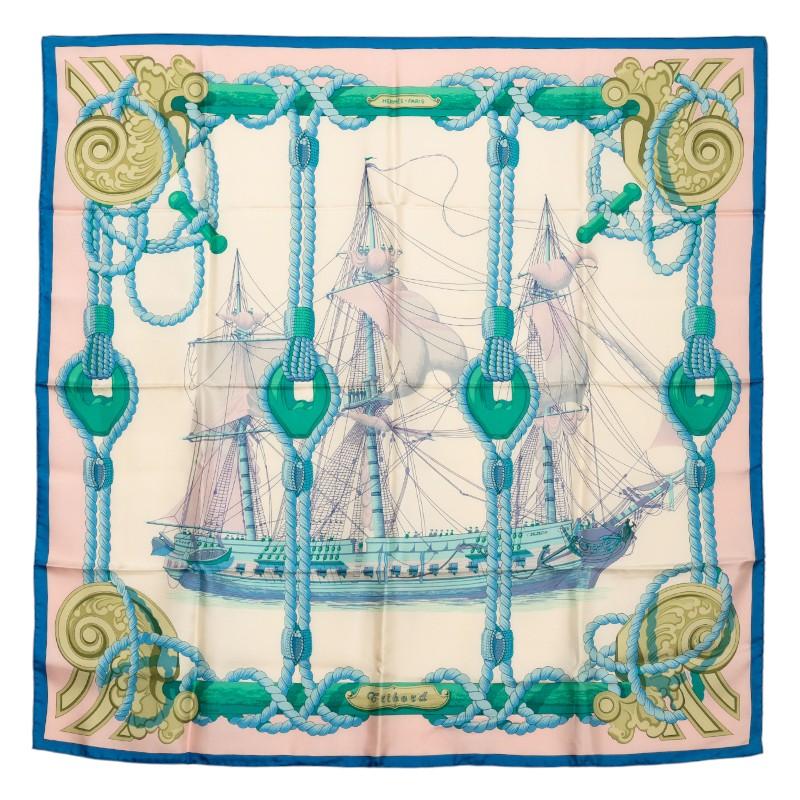 エルメス カレ90 Tribord 帆船 スカーフ ベージュ ブルー マルチカラー シルク レディース HERMES 【中古】 HERMES（エルメス） カレ90 Tribord 帆船 スカーフ ベージュ ブルー