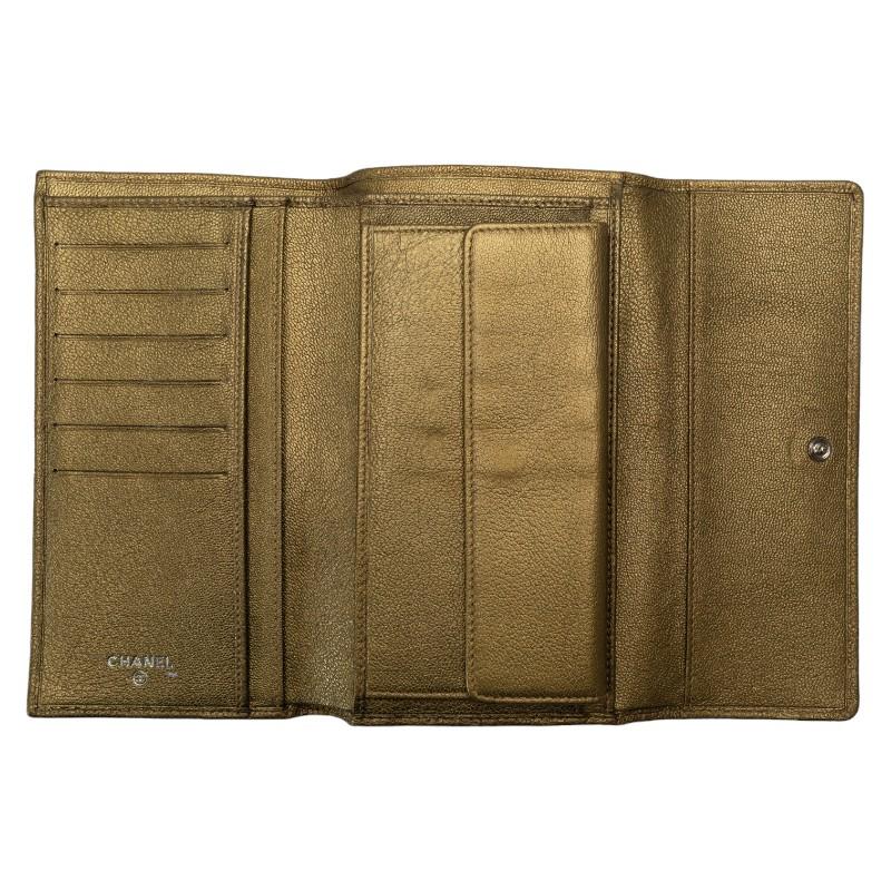 CHANEL シャネル ココマーク 三つ折り財布 長財布 メタリック カーキ  