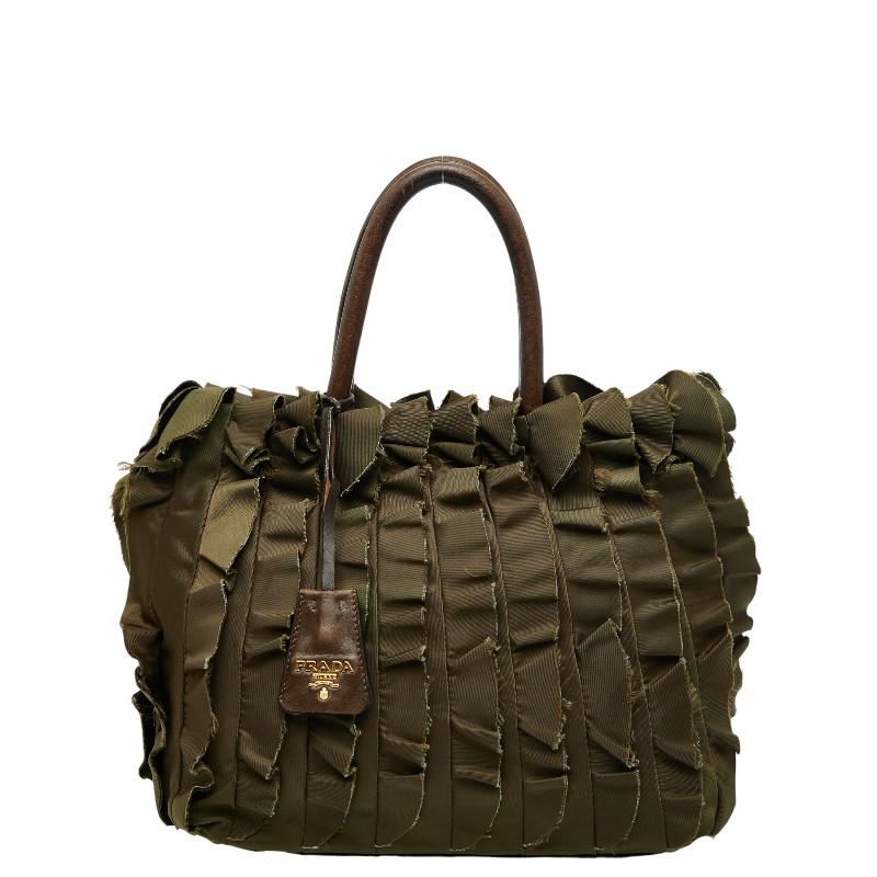 プラダ フリル ハンドバッグ トートバッグ BN1728 カーキ ブラウン ナイロン レザー レディース PRADA 【中古】 PRADA（プラダ） フリル ハンドバッグ トートバッグ BN1728 カーキ