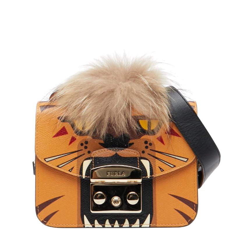 フルラ メトロポリス ジャングル ライオン 斜め掛け ショルダーバッグ オレンジ マルチカラー レザー ファー レディース Furla 【中古】 FURLA（フルラ） メトロポリス ジャングル ライオン 斜め掛け