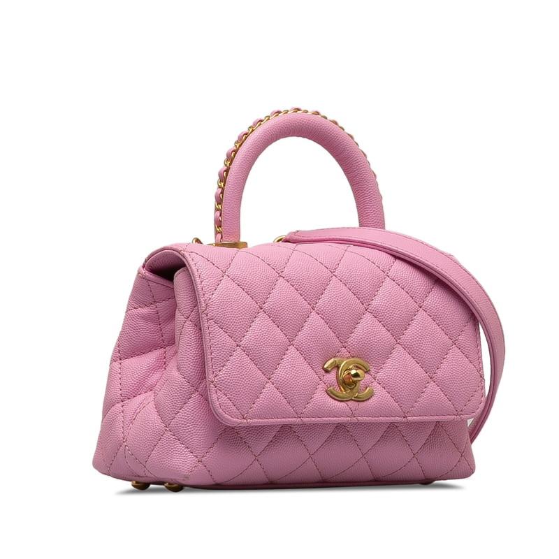 CHANEL ピンク ココハンドルキャビアスキン(本革)バッグ。チェーン付 CHANEL】キャビアスキン☆ココハンドル ピンク 19cm (CHANEL