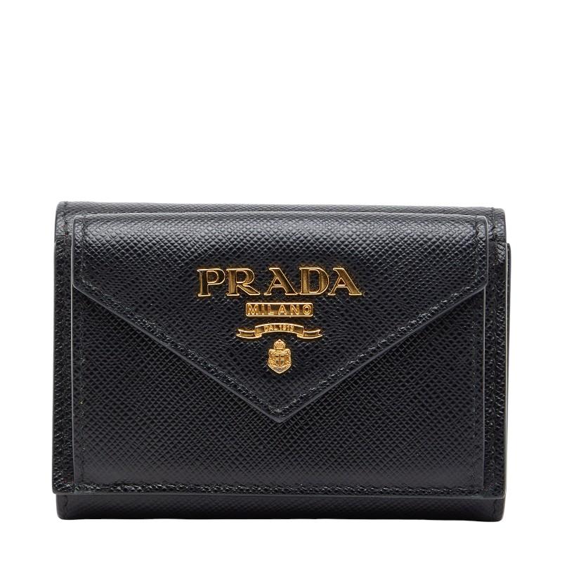 【レア☆未使用級】PRADA 三つ折り財布 レザーブラック シルバーロゴプレート PRADA 黒 レザー 三つ折り財布