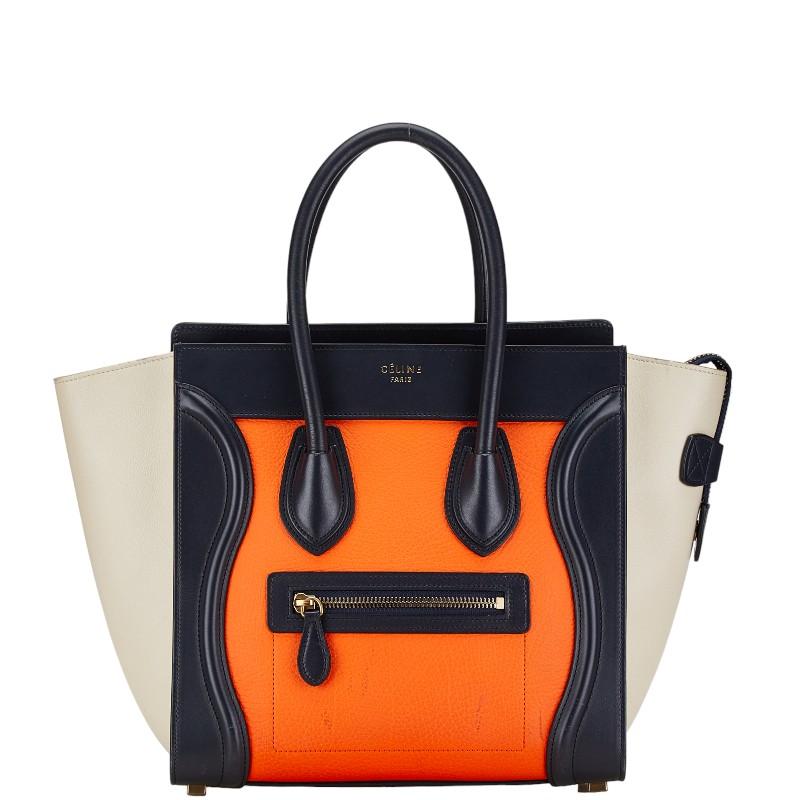 セリーヌ ラゲージ マイクロショッパー ハンドバッグ ネイビー オレンジ ベージュ レザー レディース CELINE 【中古】 CELINE（セリーヌ） ラゲージ マイクロショッパー ハンドバッグ