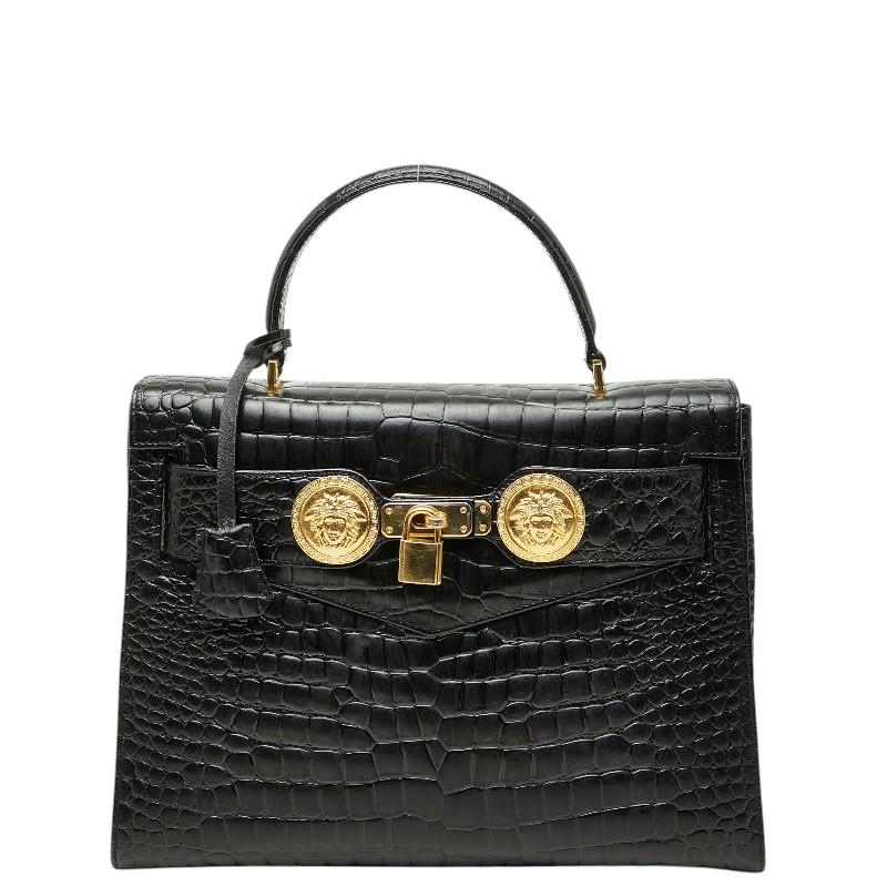 ヴェルサーチェ メデューサ クロコ形押し ハンドバッグ ブラック
