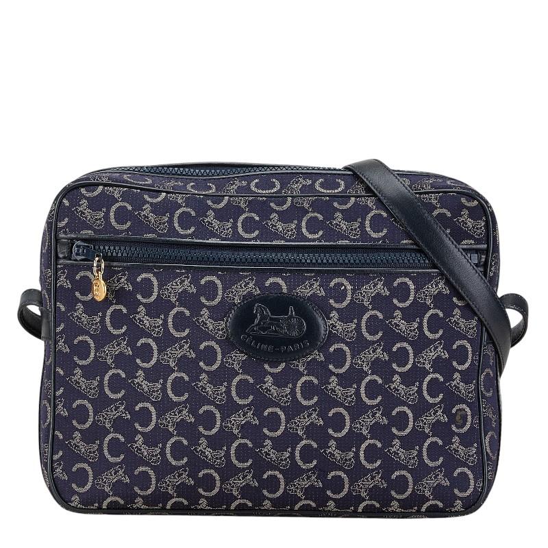 希少 極上品✨セリーヌ ショルダーバッグ ロゴ金具 Cマカダム キャンバス 紺 CELINE（セリーヌ） ショルダーバッグ レディースバッグ 馬車金具 C