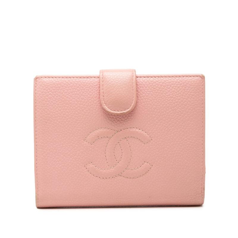 CHANEL 二つ折り財布 キャビアスキン ブラック ピンク CHANEL（シャネル） ココマーク 二つ折り財布 ピンク キャビアスキン