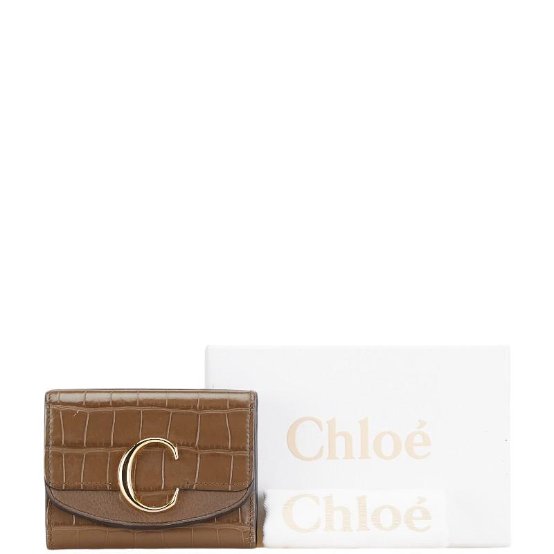 Chloe クロエ クロコ型押し 三つ折り財布 ブラウン レザー
