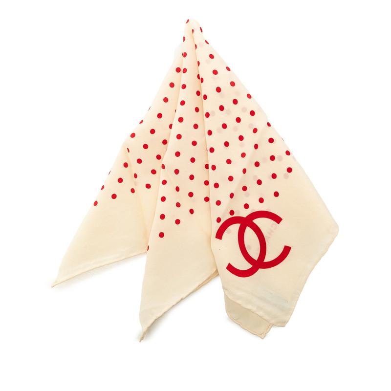 CHANEL（シャネル） ココマーク ドット柄 スカーフ アイボリー レッド