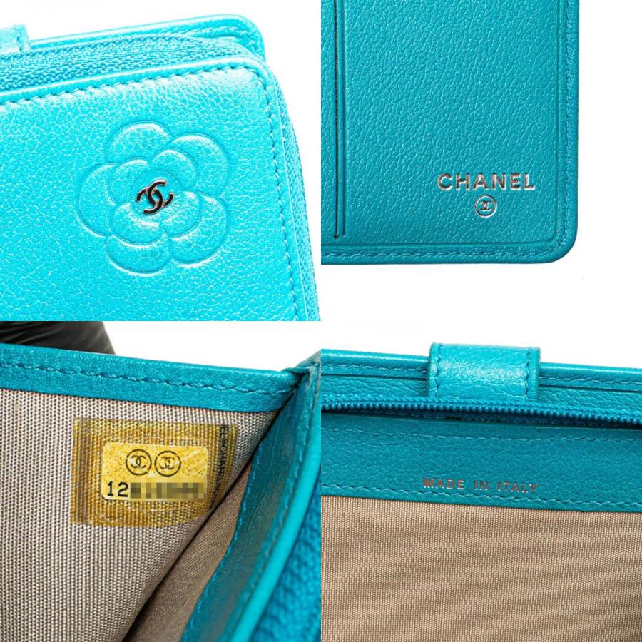 シャネル CHANEL二つ折り ミニ 財布 カメリア ココマーク ライトブルー CHANEL シャネル カメリア ココマーク 二つ折り財布 ライト