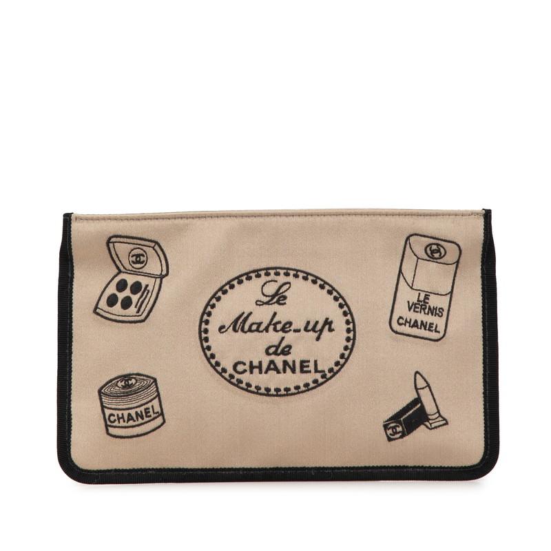CHANEL シャネル コスメ柄 ポーチ ベージュ サテン レディース CHANEL シャネル コスメ柄 ポーチ ベージュ サテン レディース