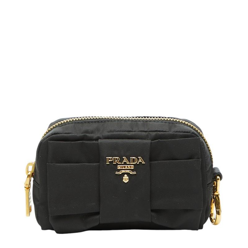 PRADA ブラック ナイロン ポーチ リボン PRADA（プラダ） リボン ロゴ ポーチ ブラック ナイロン レディース