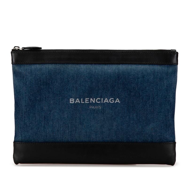 バレンシアガ ネイビークリップM クラッチバッグ インディゴブルー ブラック デニム レザー レディース BALENCIAGA 【中古】 BALENCIAGA（バレンシアガ） ネイビークリップM クラッチバッグ