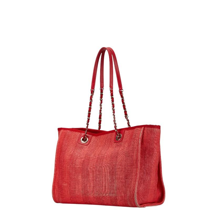シャネル ドーヴィル トートMM ココマーク チェーン トートバッグ レッド キャンバス レザー レディース CHANEL 【中古】 CHANEL（シャネル） ドーヴィル トートMM ココマーク チェーン トート