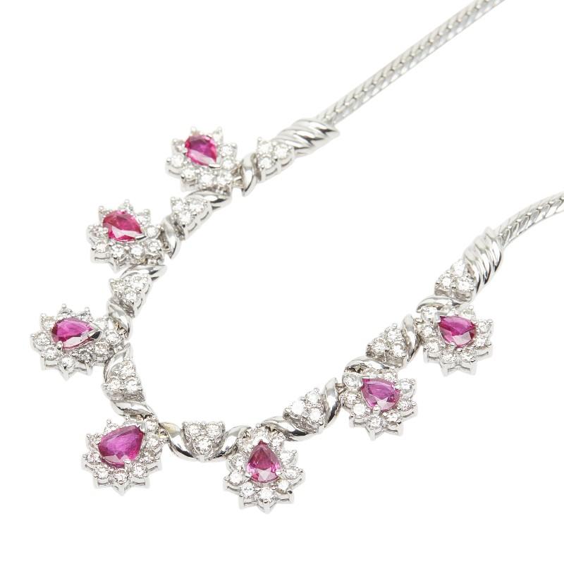 PT850/900　ルビー.ダイヤ装飾ネックレス Pt900 プラチナ Pt850 ルビー2.47ct ダイヤ3.09ct フラワーモチーフ 7