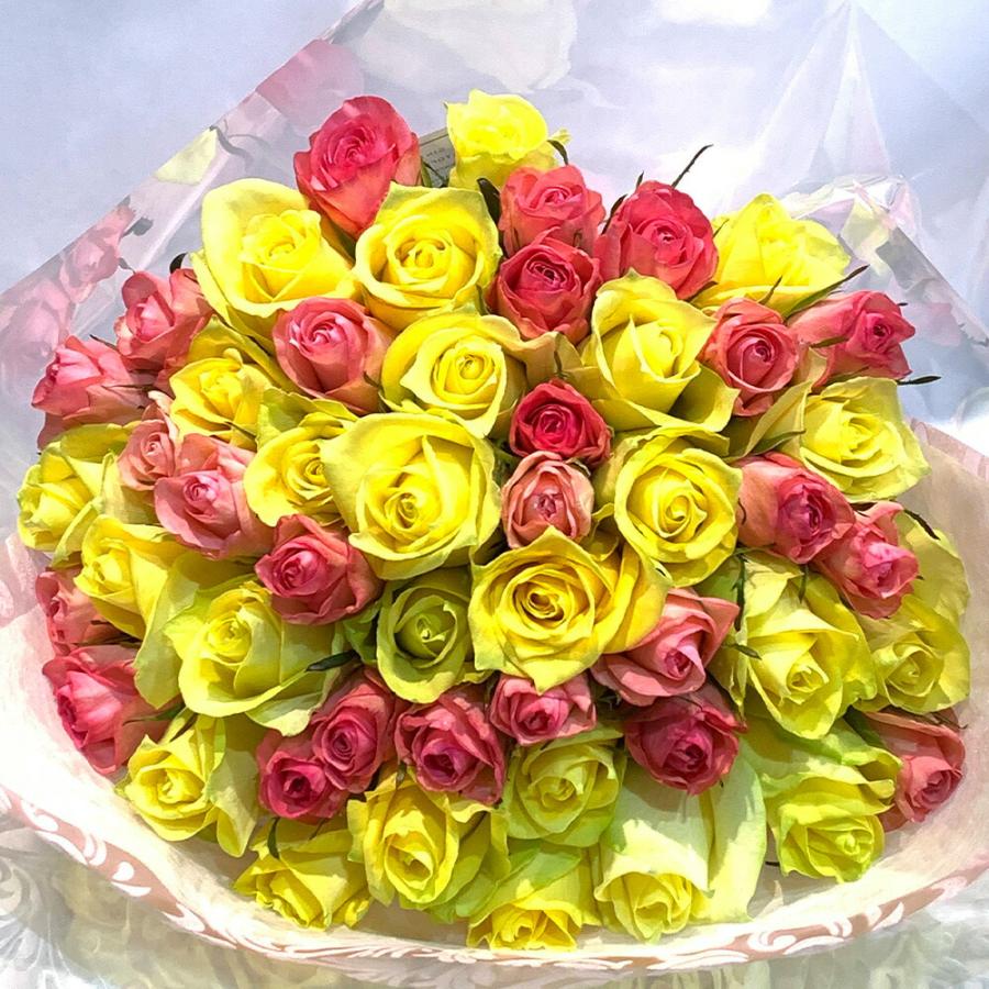 ピンク アンド イエロー バラ束 88本 花束 薔薇 プレゼント お祝い