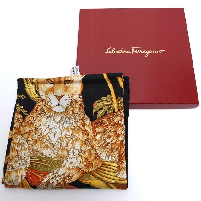 【中古A/美品】Salvatore Ferragamo サルヴァトーレ フェラガモ  シルク スカーフ アニマル ライオン ブラック 黒｜ginzaxiaoma｜04