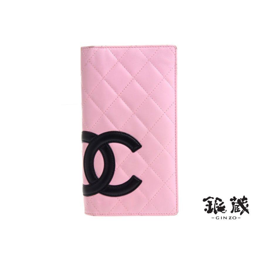 シャネル CHANEL カンボンライン 二ツ折長財布 ピンク 黒 中古 