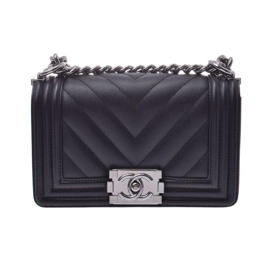 シャネル ボーイシャネル Vステッチ チェーンショルダーバッグ 黒 SV  