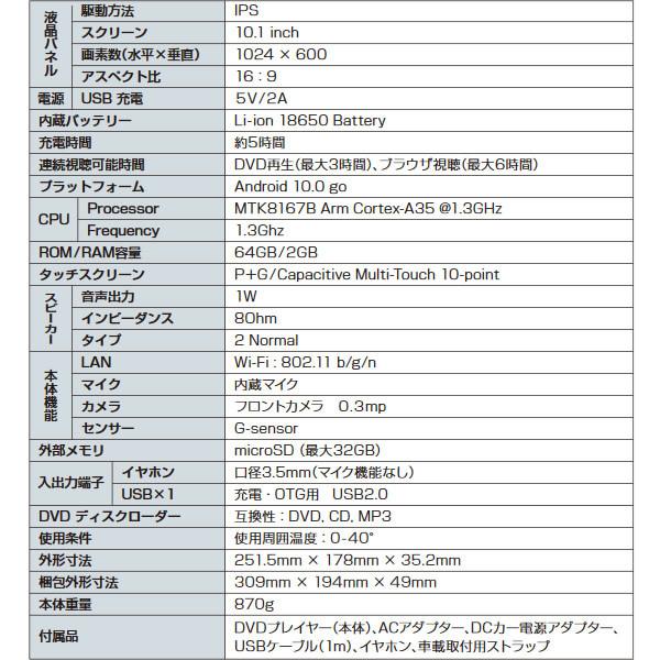 UNITECH ユニテク 10.1インチ Android搭載 タブレットDVDプレイヤー Creato DVT-101B｜gion｜04