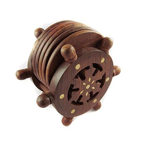Shipステアリングホイールshaped Wooden Teaコースター セットof Shipステアリングホイールshaped 6ドリンクcoster