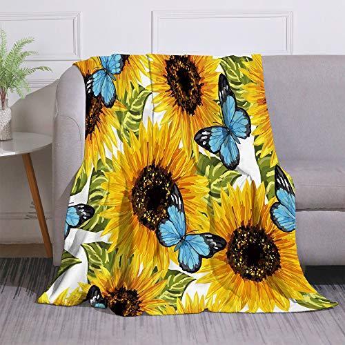 Miblor Beautiful Sunflowers and Blue Butterflies Blanket Super Soft Warm 60x80 Inch Plush Fleece Throw Blanket for Sofa Bed Travelling Camping Gift Idea