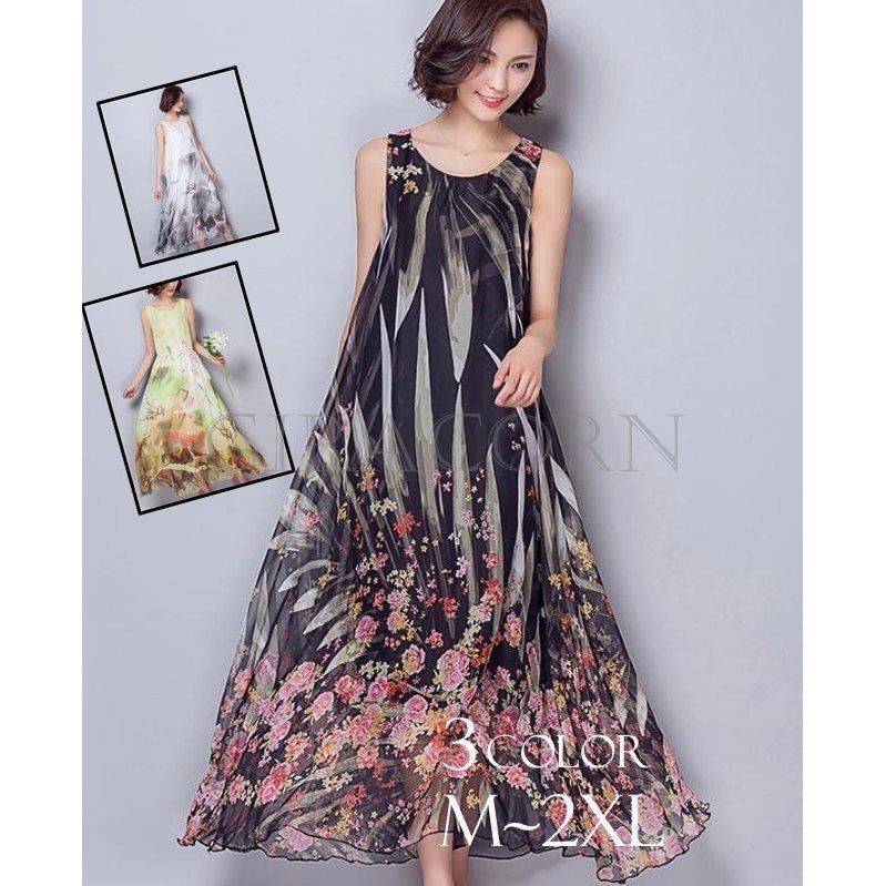ワンピース 柄 新作入荷 マキシ丈 マキシワンピ シフォン リゾート シーズン 大きサイズ ボヘミアン ビーチ レディース 夏服