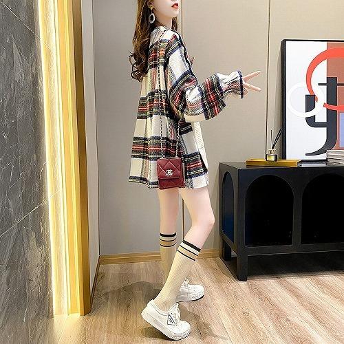 ニット セーター ワンピース チュニック トップス チェック柄 厚手  