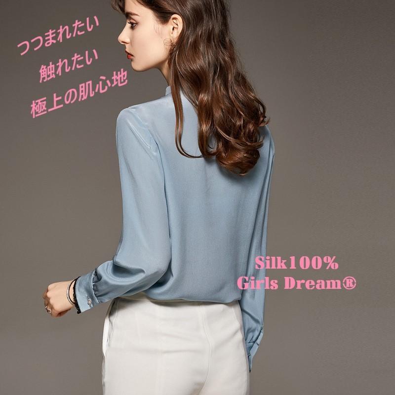 シルク シルク100％ トップス ブラウス シャツ 長袖 バイカラー 丸首 