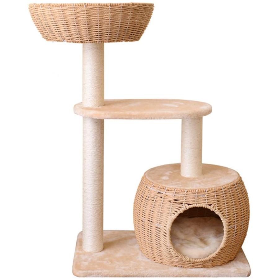 キャットタワーコンパクト 据え置き おしゃれカゴベットとカゴハウス付きのミニタワー 猫タワーおしゃれ キャットタワー木製 キャットハウス 可愛い オシャレ キャットツリー 猫タワー 天然サイザル麻紐 爪とぎ 隠れハウス 省スペース 米色 麻縄巻 組み立て
