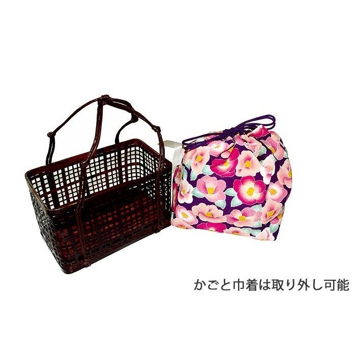 かご巾着 カゴ巾着 植物繊維 竹製 紫色／ピンク レトロ/椿柄 2色展開