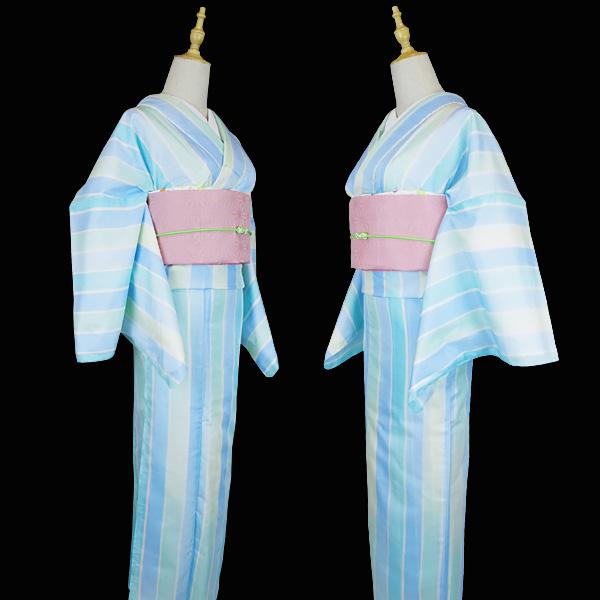 夏着物 レディース 水色 緑 黄緑色 金通縞模 駒絽 洗える着物