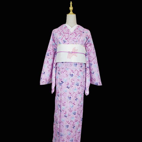 洗える着物 夏着物 レディース 浅紫色 白 矢鱈縞 紺 水色 赤紫 草花柄