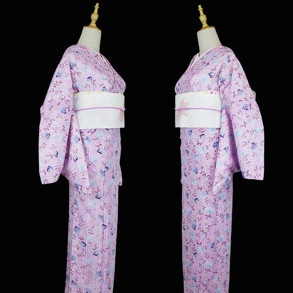 洗える着物 夏着物 レディース 浅紫色 白 矢鱈縞 紺 水色 赤紫 草花柄