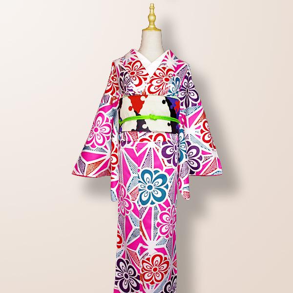 洗える着物 袷着物 単品 小紋 レディース 女性 麻の葉 花柄 ピンク 