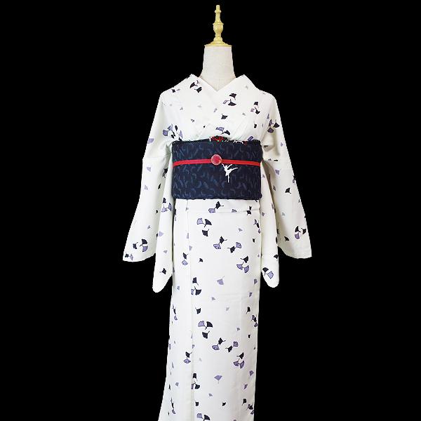 小紋 着物 花鳥文様 袷 洗える着物 袷着物 小紋 アイボリー 白 銀杏 イチョウ モダン 粋