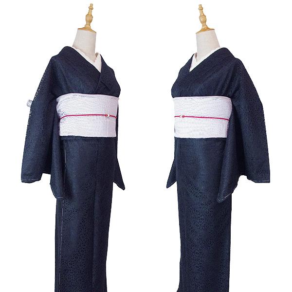 洗える着物 着物単品 袷着物 小紋 レース 黒色 ブラック 粋 シック