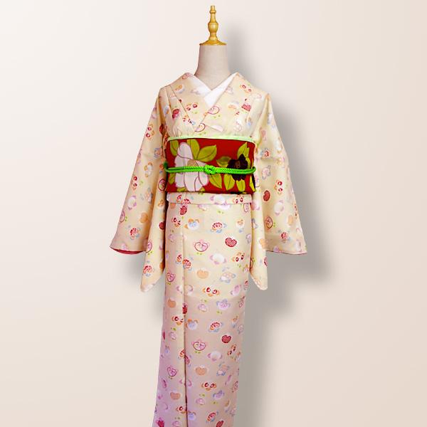 洗える着物 袷着物 単品 レディース きもの R・KIKUCHI ポリエステル 小紋 鹿の子 亀甲 花柄 橘 レトロ かわいい 普段着・お出かけ フリー 新作 40代 50代 60代