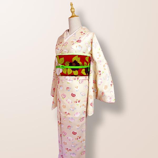 洗える着物 袷着物 単品 レディース きもの R・KIKUCHI ポリエステル 小紋 鹿の子 亀甲 花柄 橘 レトロ かわいい 普段着・お出かけ フリー 新作 40代 50代 60代