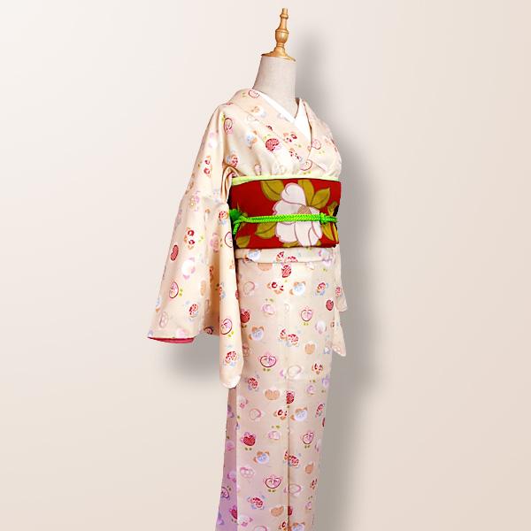 洗える着物 袷着物 単品 レディース きもの R・KIKUCHI ポリエステル 小紋 鹿の子 亀甲 花柄 橘 レトロ かわいい 普段着・お出かけ フリー 新作 40代 50代 60代